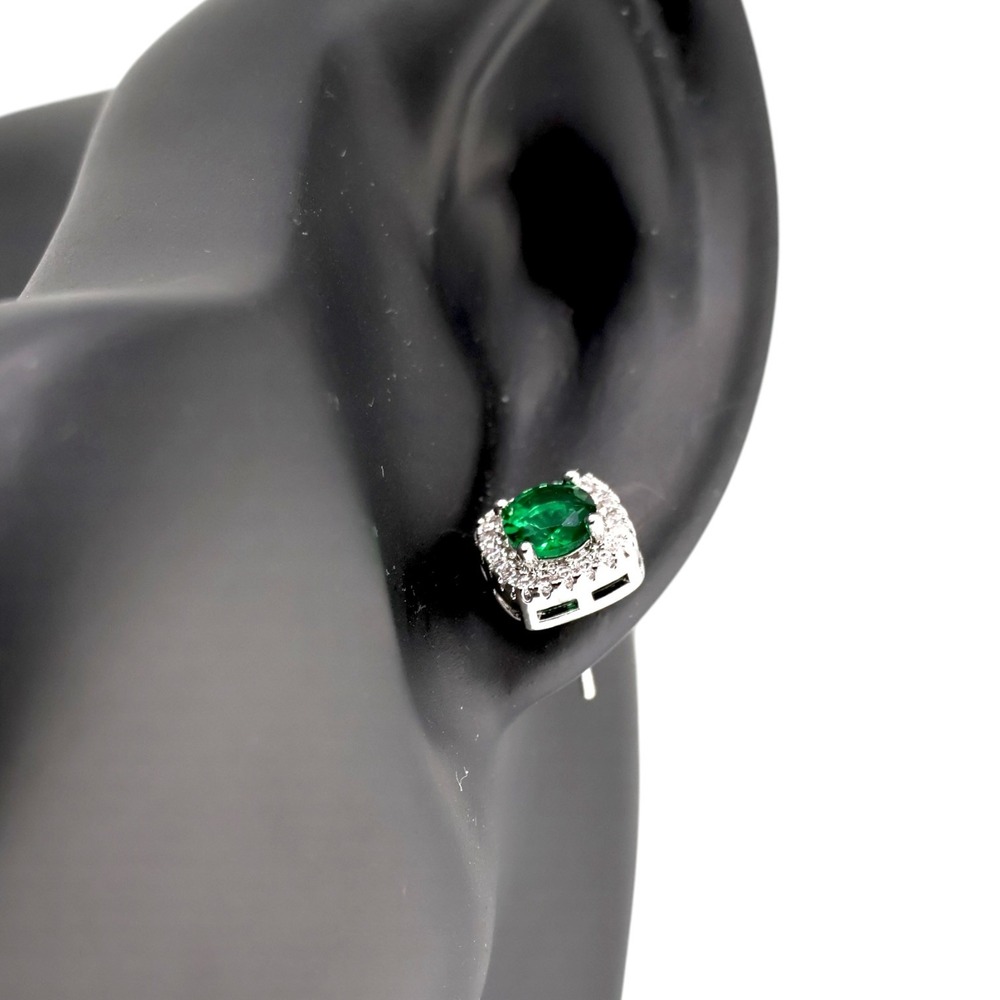 Swarovski Elements Green Crystal Cushion Pavé Halo Stud Earrings Silver Tone New - Picture 2 of 3